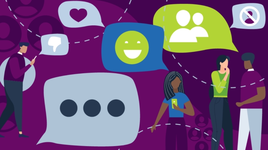 Illustration of people talking, people using their phones and speech bubbles, dots and emojis 