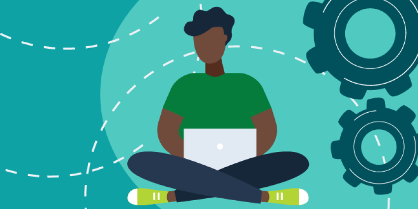 Illustration of a black man sitting on the ground with a laptop open in his lap