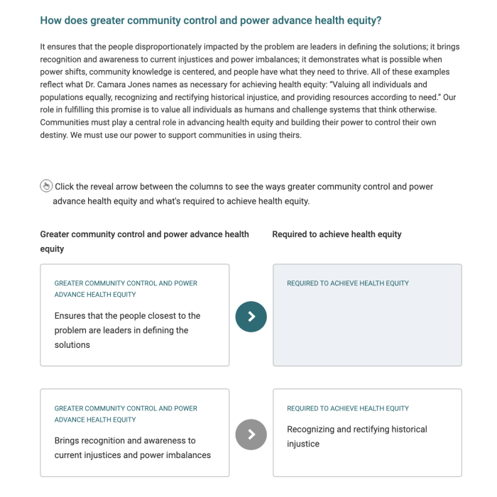 Screenshot of the Reveal Exercise - How does greater community control and power advance health equity? 