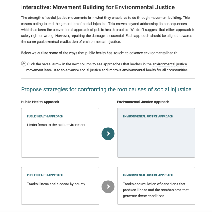 Screenshot of the interactive showing the approaches that leaders in the environmental justice movement have used to advance social justice and improve environmental health for all communities.